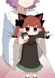  2girls aged_down animal_ears armpit_carry black_bow black_shoes blue_shirt blush bow braid carrying carrying_person cat_ears child closed_mouth collared_shirt commentary_request dot_nose dress extra_ears eyes_out_of_frame frilled_dress frilled_shirt_collar frilled_sleeves frills gradient_clothes gradient_skirt hair_bow head_out_of_frame highres jitome kaenbyou_rin kapuri_(capuriwa) komeiji_satori lifting_person long_hair long_sleeves longcat_(meme) meme multiple_girls multiple_hair_bows pink_hair pink_skirt pointy_ears red_eyes red_hair shirt shoes short_hair simple_background skirt split_mouth touhou twin_braids v-shaped_eyebrows white_background wide_sleeves 