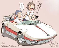  2girls annoyed autobianchi autobianchi_a112_runabout black_eyes black_hair black_skirt brown_hair car clothes_grab collared_shirt commentary_request convertible dated glasses grabbing_another's_shirt grey_background hair_ornament hairclip looking_at_another michelin motor_vehicle multiple_girls neck_ribbon open_mouth orange_eyes original pleated_skirt red_ribbon ribbon screaming sekihan shirt short_sleeves signature simple_background skirt speech_bubble sports_car standing teeth translated upper_teeth_only vehicle_focus vehicle_name white_car white_shirt 