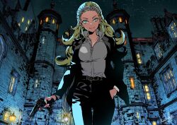  1girl alternate_costume anlucea aqua_eyes black_jacket black_pants blonde_hair breasts castle commentary_request cowboy_shot dragon_quest dragon_quest_x floating_clothes green_sky gun hair_slicked_back hairband hand_in_pocket handgun highres himiko_(326ontheweb) holding holding_gun holding_weapon jacket lamppost long_hair looking_at_viewer medium_breasts mole mole_under_mouth night pants shirt shirt_tucked_in silver_hairband sky solo weapon white_shirt 