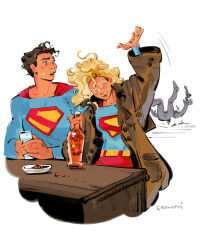  1boy 1girl 1other belt black_hair blonde_hair blue_bodysuit blue_eyes bodysuit bottle brown_coat cape clark_kent coat commentary cup dc_comics english_commentary falling glass gun highres holding holding_bottle holding_cup long_hair plate red_cape short_hair smile supergirl supergirl_(2026) supergirl_(movie_costume) superhero_costume superman superman_(2025) superman_(series) superman_logo sweatdrop table upper_body vickychendraws weapon white_background wine_bottle 