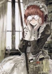  1girl apron bandage_on_cheek bandage_on_face bandages basket blunt_bangs bookshelf closed_mouth dress elbow_carry frilled_apron frills glasses hands_on_own_cheeks hands_on_own_face highres indoors juliet_sleeves kuroshitsuji long_sleeves maid maid_apron maid_headdress meirin_(kuroshitsuji) non-web_source opaque_glasses puffy_sleeves red_hair round_eyewear scan short_hair smile solo toi8 window 