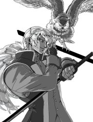  1boy artist_name bakumatsu_rouman bakumatsu_rouman_dainimaku bandaged_hand bandages bird black_gloves clenched_hand closed_mouth commentary_request dark-skinned_male dark_skin evil_eyes evil_smile fingerless_gloves gloves greyscale hair_over_one_eye highres holding holding_weapon japanese_clothes katana long_hair looking_at_viewer male_focus monochrome okm181 owl ponytail setsuna_(bakumatsu_rouman) sheath signature simple_background smile snk solo sword talons unsheathed weapon white_background white_hair 