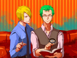  2boys alternate_costume black_necktie blonde_hair blue_shirt book chinese_commentary cigarette closed_mouth commentary_request curly_eyebrows earrings eilinna glasses green_hair hair_over_one_eye holding holding_book holding_cigarette holding_magnifying_glass indoors jewelry long_sleeves magnifying_glass male_focus mixed-language_commentary multiple_boys necktie one_eye_covered one_piece open_book pink_shirt roronoa_zoro sanji_(one_piece) shirt short_hair single_earring smile smoke sweater_vest vest 