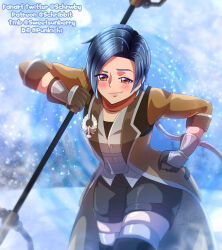  1girl blue_hair blush brown_coat brown_eyes brown_gloves clenched_hand clip_studio_paint_(medium) closed_mouth coat colored_eyelashes commentary deviantart_username english_commentary eyelashes gloves grey_shorts grey_vest highres holding holding_weapon may_marigold open_clothes open_coat patreon_username rwby schrwby short_hair shorts smile solo tumblr_username twitter_username vest weapon 