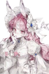  1girl absurdres aegyo_sal animal_ears bird blue_gem bow colored_skin dress eyelashes frills gem hand_on_own_face headdress highres jewelry juliet_sleeves lace_trim long_sleeves looking_at_viewer maoli_(xhs_836185431) necklace original pearl pearl_necklace pink_eyes pink_hair puffy_sleeves rabbit_ears rabbit_tail ribbon sample_watermark simple_background solo tail upper_body watermark white_background white_bird white_bow white_dress white_headdress white_ribbon white_skin wide_sleeves 