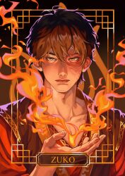  1boy absurdres atla_fayon avatar:_the_last_airbender avatar_legends black_hair burn_scar character_name commentary fire hair_between_eyes highres looking_at_viewer pyrokinesis red_robe robe scar scar_across_eye scar_on_face verbartt zuko 