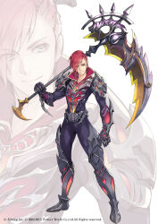  1boy armor armored_boots asymmetrical_hair boots closed_mouth commentary_request copyright_request eyes_visible_through_hair full_body gauntlets gin_(oyoyo) greaves green_eyes highres holding holding_scythe holding_weapon hyur legs_apart looking_at_viewer male_focus over_shoulder pauldrons red_hair scythe shoulder_armor simple_background smile solo standing weapon weapon_over_shoulder white_background 