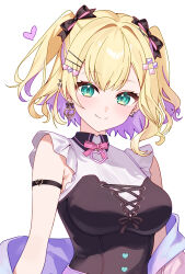  1girl arm_strap armpit_crease black_bustier black_ribbon blonde_hair blush breasts buckle bustier closed_mouth collared_shirt colored_inner_hair commentary d-pad d-pad_hair_ornament ear_piercing earrings eyeshadow green_eyes hair_ornament hairclip heart heart-shaped_buckle heart_collar heart_earrings heart_hair_ornament highres hood hoodie jewelry kurumi_noah kurumi_noah_(3rd_costume) large_breasts looking_at_viewer makeup medium_hair multicolored_hair piercing pink_eyeshadow pink_hair pink_hoodie pink_ribbon purple_hoodie ribbon shirt simple_background sioxxx0711 smile solo spiked_ear_piercing two-sided_ribbon two-tone_hair two-tone_ribbon two_side_up virtual_youtuber vspo! white_background 