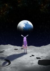  1girl absurdres animal_ears black_jacket blazer commentary_request earth_(planet) facing_away from_behind full_body gasubanana highres jacket long_sleeves on_moon pink_skirt planet purple_hair rabbit_ears rabbit_girl reisen_udongein_inaba shadow skirt solo star_(sky) touhou 