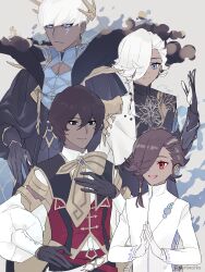  4boys aopix_001 arjuna_(fate) arjuna_(fate)_(cosplay) arjuna_(second_ascension)_(fate) ascalaphus_(fate) ascalaphus_(fate)_(cosplay) ascalaphus_acheron_(fate) ascalaphus_acheron_(fate)_(cosplay) black_cloak black_coat black_eyes black_gloves blue_eyeliner blue_eyes bow bowtie brown_hair capelet cloak closed_mouth coat collared_shirt commentary_request cosplay costume_switch dark-skinned_male dark_skin earrings eyeliner facial_mark fate/grand_order fate_(series) father_and_child father_and_son gloves grey_background hair_between_eyes hair_over_one_eye hand_on_own_chest hand_up hands_up high_collar highres indra_(fate) indra_(fate)_(cosplay) jewelry lightning_bolt_facial_mark lightning_bolt_symbol long_sleeves looking_at_another makeup male_focus medium_hair multiple_boys mystical_high_collar open_mouth own_hands_together parent_and_child puffy_long_sleeves puffy_sleeves red_eyeliner red_eyes red_vest shirt short_hair side_capelet signature simple_background single_sidelock smile vest white_capelet white_coat white_gloves white_hair white_shirt yellow_bow yellow_bowtie 
