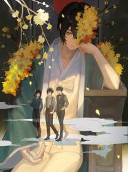  1girl 3boys absurdres black_bow black_bowtie black_hair black_pants black_vest bow bowtie branch chair closed_mouth collared_shirt commentary dongbaek_(project_moon) dongrang_(project_moon) dual_persona durumagi e.g.o_(project_moon) flower flower_over_eye hanbok head_rest highres jacket korean_clothes leaf limbus_company long_sleeves male_focus multiple_boys on_chair pants project_moon projected_inset shachi_ark shirt short_hair sitting smoke spicebush_(e.g.o) suspenders technology_liberation_alliance_(identity)_(project_moon) vest walking white_hanbok white_shirt wide_sleeves yellow_eyes yellow_flower yellow_leaves yi_sang_(project_moon) 