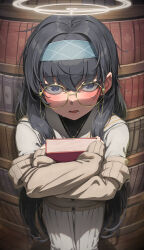  1girl absurdres black_hair blue_archive blue_hairband blush book bookshelf brown_cardigan cardigan commentary csham glasses gold_necklace hairband halo highres holding holding_book jewelry long_hair necklace open_mouth pleated_skirt round_eyewear shirt skirt solo sweat ui_(blue_archive) violet_eyes white_shirt white_skirt yellow_halo 