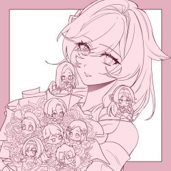  3boys 5girls artist_request bird border bouquet character_request chibi chibi_on_shoulder donald_duck duck elysia_(golden_courtyard)_(honkai_impact) elysia_(honkai_impact) firefly_(honkai:_star_rail) gift_art glasses grimmjow_jaegerjaquez highres holding holding_bouquet honkai:_star_rail honkai_(series) honkai_impact_3rd inoue_orihime long_hair medium_hair mickey_mouse_&amp;_friends mihoyo monochrome multiple_boys multiple_girls original pink_border second-party_source short_hair simple_background smile tears_of_themis very_long_hair vyn_richter_(tears_of_themis) 