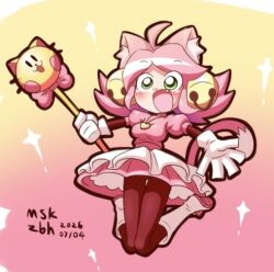 2026 ahoge animal_ears artist_name bell bell_ear_ornament cat_ears cat_girl cat_tail deltarune fang footwear_bell gold_bell green_eyes hair_bell hair_ornament heart heart_locket heart_necklace heart_pendant holding holding_wand jewelry locket lowres mad_mew_mew msk_zbh necklace pendant pink_frills pink_hair pink_theme sparkle tail tutu utdr_(toby_fox) wand 