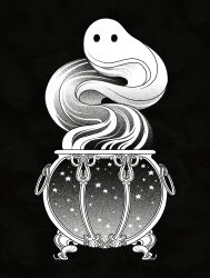  1other absurdres black_background cauldron fantasy ghost greyscale halloween highres iliothermia monochrome no_humans original simple_background 