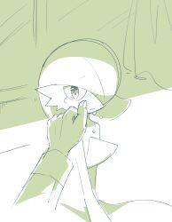  blush bob_cut commentary_request crying crying_with_eyes_open gardevoir hair_over_one_eye highres hime_takeo looking_at_viewer monochrome out_of_frame parted_lips pokemon pokemon_(creature) simple_background tears wiping_tears 