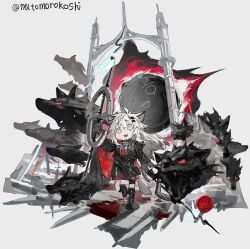  1girl :d animal_ear_fluff animal_ears antenna_hair arknights artist_name ascot black_boots black_dress black_jacket boots commentary_request derivative_work dress gradient_hair grey_hair grey_tail hair_ornament hairclip highres holding holding_weapon jacket knee_boots lappland_(arknights) lappland_the_decadenza_(arknights) long_hair material_growth multicolored_ascot multicolored_hair mutomorokoshi official_art_redraw open_clothes open_jacket open_mouth oripathy_lesion_(arknights) purple_ascot red_ascot scar scar_across_eye scar_on_face sharp_teeth shirt sidelocks simple_background smile solo standing standing_on_one_leg tail teeth wax_seal weapon white_background white_hair white_shirt wolf wolf_ears wolf_girl wolf_tail 