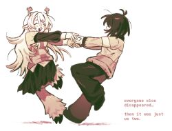  1girl 1other animal_ears antlers checkered_clothes closed_eyes commentary dancing deer_antlers deer_ears deer_girl deltarune english_text furry furry_female hair_ornament hairclip highres holding_hands hooves horns kris_(deltarune) long_hair long_sleeves noelle_holiday short_hair single_horizontal_stripe skirt striped_clothes striped_sweater sweater tsusealyangel utdr_(toby_fox) very_long_hair 
