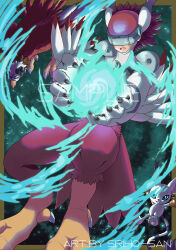  1boy animal_ears aquilamon artist_name bird bird_legs bird_tail blue_eyes bodysuit border brown_hair cat cat_ears chest_guard claws commentary covered_eyes digimoji digimon digimon_(creature) eagle energy_ball english_commentary fangs feathered_wings head-mounted_display highres medium_hair open_mouth oversized_limbs sample_watermark shoulder_pads silphymon solo_focus sriho-san tail tailmon talons watermark white_bodysuit winged_arms wings yellow_border 