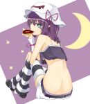  back breasts butt_crack crescent crescent_moon doughnut female green_eyes hat highres looking_back merry_nightmare midrff midriff moon pointy_ears purple_hair ribbon short_hair sitting skirt solo striped striped_legwear striped_thighhighs thighhighs under_boob underboob yumekui_merry 