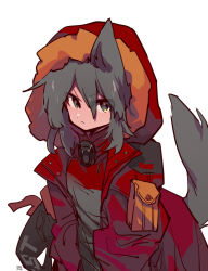  1girl angry animal_ears arknights coat coat_pouch commentary dated dress eee028 eyes_visible_through_hair frown fur-trimmed_hood fur_trim green_eyes grey_dress grey_hair hair_over_one_eye highres hood hood_up hooded_coat looking_at_viewer mask mask_around_neck projekt_red_(arknights) red_coat solo tail white_background wolf_ears wolf_girl wolf_tail 