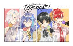  4boys :d ;d alternate_costume antenna_hair aqua_eyes aqua_streaks black_gloves black_hair black_ribbon blonde_hair blush border braid closed_mouth coll_(erichankun) collared_shirt column_lineup commentary curtained_hair earrings flower gloves grey_eyes group_name hair_between_eyes hair_over_one_eye hair_over_shoulder hanafuda_earrings hand_up highres hitodama hizaki_gamma holding holding_flower holostars jacket jacket_on_shoulders jewelry lapels long_hair looking_at_viewer low-braided_long_hair low-tied_long_hair male_focus mandarin_collar medium_hair minase_rio multicolored_hair multiple_boys neck_ribbon notched_lapels one_eye_closed orange_hair pink_background pink_streaks purple_background purple_flower purple_hair purple_rose red_flower red_hair red_ribbon red_rose ribbon rose shirt short_hair simple_background smile sparkle streaked_hair striped_clothes striped_shirt stud_earrings turtleneck turtleneck_shirt two-tone_hair untranslatable_commentary upper_body uproar_(holostars) utsugi_uyu v-shaped_eyebrows vertical-striped_clothes vertical-striped_shirt violet_eyes virtual_youtuber white_background white_border white_flower white_hair white_jacket white_ribbon white_rose white_shirt wingtip_collar yatogami_fuma yellow_background yellow_eyes yellow_flower yellow_jacket yellow_rose yellow_shirt 
