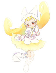  1girl :3 ankle_boots blonde_hair blush boots brooch brown_eyes closed_mouth commentary curly_twintails dress earrings floating_hair frilled_dress frilled_sleeves frills full_body gloves hair_ornament hand_up hat high_heel_boots high_heels highres jewelry layered_dress leg_up long_hair looking_at_viewer low_twintails makihatayama_hana mashiro ojamajo_doremi open_hand pointy_boots puffy_short_sleeves puffy_sleeves raised_eyebrows short_sleeves simple_background smile solo sphere_earrings spread_fingers standing twintails twitter_username untranslatable_commentary very_long_hair white_background white_boots white_dress white_gloves white_hat white_wrist_cuffs wing_hair_ornament witch witch_hat wrist_cuffs 