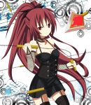  absurdres alternate_costume bare_shoulders black_legwear breasts chain chains choker cleavage corset detached_sleeves garter_straps hair_ribbon halterneck highres himeya_no_marimo long_hair mahou_shoujo_madoka_magica musical_note polearm ponytail red_eyes red_hair redhead ribbon sakura_kyouko solo spear thigh-highs thighhighs weapon zettai_ryouiki 