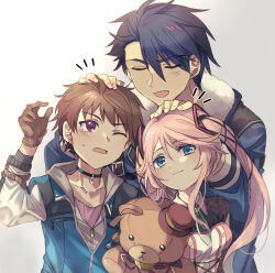  1girl 2boys blue_coat brown_gloves brown_hair closed_eyes coat commentary_request double-parted_bangs eiyuu_densetsu enoki_nai gloves hair_slicked_back hand_on_another's_head highres holding holding_stuffed_toy holding_toy kuro_no_kiseki_(series) kuro_no_kiseki_ii multicolored_hair multiple_boys nadia_rayne open_mouth pink_hair simple_background smile stuffed_animal stuffed_toy swin_abel teddy_bear toy two-tone_hair van_arkride 