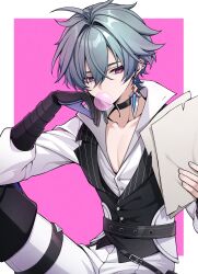  1boy absurdres arm_up bare_pectorals belt belt_buckle black_belt black_boots black_choker black_gloves black_vest blowing_bubble_gum blue_hair boots border buckle buttons chewing_gum choker collarbone commentary curtained_hair double-parted_bangs earrings elbow_on_knee genshin_impact gloves hair_behind_ear hair_between_eyes highres holding holding_paper jewelry lohen_(genshin_impact) lohen_(standardized_test)_(genshin_impact) long_sleeves looking_to_the_side male_focus mochiii-s multicolored_eyes multiple_belts official_alternate_costume outside_border pants paper papers partially_open_shirt pectorals piercing pink_background pinstripe_pattern reading shirt short_hair sideways_glance single_earring sitting solo thigh_belt thigh_boots thigh_strap vest white_border white_pants white_shirt 