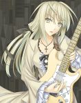  blonde_hair cross frills guitar hair_ribbon instrument jewelry long_hair necklace open_mouth original plectrum ribbon solo yellow_eyes 