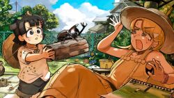  2girls absurdres bird black_hair black_shorts blonde_hair blue_eyes bucket chicken clouds cloudy_sky commentary diva_(hyxpk) dress duck english_commentary grey_eyes hat highres leaf log long_hair multiple_girls original outdoors scared shirt short_hair shorts sketchbook sky stag_beetle tree twig white_shirt yellow_dress 