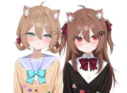  2girls absurdres ahoge animal_ear_fluff animal_ears aqua_bow aqua_bowtie badge black_cardigan blue_eyes blue_sailor_collar blush bow bowtie broken_heart broken_heart_hair_ornament button_badge cardigan cat_ears cat_girl closed_mouth collared_shirt commentary commission dress_shirt english_commentary evil_neuro-sama evil_neuro-sama_(1st_costume) hair_between_eyes hair_ornament hair_ribbon hair_rings heart heart_hair_ornament highres long_hair multiple_girls n4_h4m neuro-sama neuro-sama_(1st_costume) off-shoulder_cardigan red_bow red_bowtie red_eyes red_ribbon ribbon sailor_collar shirt short_hair siblings simple_background sisters skull_hair_ornament torn_bowtie torn_hair_ribbon twins two_side_up upper_body vedal_ai virtual_youtuber white_background white_shirt yellow_cardigan 