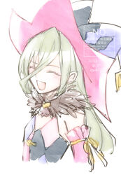  1girl bare_shoulders black_dress blonde_hair closed_eyes commentary_request dated detached_sleeves dress enoki_(megaclam) flat_chest hair_between_eyes hat jester_cap long_bangs long_hair magilou_(tales) multicolored_hat open_mouth pink_dress pink_sleeves pointy_ears smile solo tales_of_(series) tales_of_berseria two-tone_dress upper_body very_long_hair white_background witch_hat 