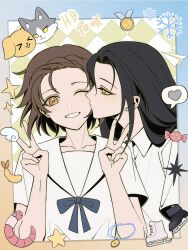  2girls allison0084 black_hair braid braided_bangs brown_eyes brown_hair candy cat child dog food gold_medal heart highres ice_skates kamisaki_hikaru kiss kissing_cheek long_hair looking_at_viewer medal medalist_(manga) multiple_girls one_eye_closed ribbon short_hair shrimp shrimp_tempura skates smile tempura v worm yellow_eyes yuitsuka_inori yuri 