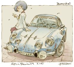  1girl alpine_(carmaker) alpine_a110 black_eyes black_hair black_shoes blue_car border breasts car commentary_request glasses hand_up jacket leaning_back looking_at_viewer motor_vehicle outside_border parted_bangs pleated_skirt red_sailor_collar red_skirt renault sailor_collar school_uniform sekihan shoes signature skirt small_breasts solo standing turning_head v vehicle_focus vehicle_name white_border white_jacket zesshaka!_shiritsu_yotsuwa_joshi_gakuin_zetsumetsu_kigu-sha_gakka 