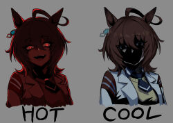 1girl absurdres agnes_tachyon_(umamusume) ahoge animal_ears black_eyes black_necktie black_shirt brown_hair chemical_structure coat collared_shirt crazy_eyes crazy_smile ear_ornament earrings grey_background highres horror_(theme) horse_ears horse_girl huge_ahoge jewelry lab_coat looking_at_viewer medium_hair nagai_negi necktie open_mouth red_eyes shaded_face shirt short_necktie simple_background single_earring smile sweater umamusume white_coat wolf_cut yellow_sweater 