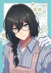  #compass 1boy absurdres apron black-framed_eyewear black_hair blue_border blue_eyes border braid brown_apron buttons closed_mouth collared_shirt commentary_request first_(#compass) flower glasses gloves grid_background hand_up highres long_hair male_focus outside_border shirt single_braid solo striped_clothes striped_shirt upper_body vertical-striped_clothes vertical-striped_shirt white_background white_flower white_gloves white_shirt yua_(yua0116) 