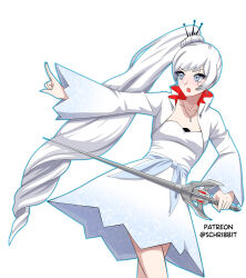  1girl :o blue_eyes blue_outline blue_sash clip_studio_paint_(medium) collarbone commentary dress english_commentary eyelashes highres holding holding_sword holding_weapon jewelry long_hair myrtenaster necklace open_mouth outline outstretched_arm patreon_username ponytail rapier rwby sash scar scar_across_eye scar_on_face schrwby simple_background solo sword teeth upper_teeth_only very_long_hair weapon weiss_schnee white_background white_dress white_hair 