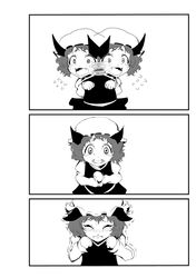  3koma 4koma animal_ears cat_ears cat_pose chen comic fangs monochrome paw_pose silent_comic solo touhou trembling warugaki_(sk-ii) 