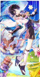  1boy armor belt black_belt black_bodysuit black_bow black_hair black_sandals black_shorts blue_cape blue_gem blue_halo blue_kimono blue_sky blue_sleeves blunt_ends bodysuit border bow bridal_gauntlets bright_pupils cape choppy_bangs closed_mouth clothing_cutout commentary_request confetti cup dragon durin_(genshin_impact) eyeliner feathers floating flower flower_necklace frog full_body furisode gem genshin_impact gold_ring grass grey_bridal_gauntlets hakama hakama_shorts halo halo_behind_head hamster hand_up highres hip_vent holding holding_party_popper japanese_armor japanese_clothes juban kimono kote kurokote layered_sleeves leg_warmers levitation light_smile looking_at_viewer makeup male_focus mandarin_collar middle_ring mini_durin_(genshin_impact) mug multicolored_hair open_clothes open_hand open_kimono outdoors party_popper pink_flower pleated_shorts pom_pom_(clothes) purple_flower purple_hair purple_rope purple_sash red_eyeliner rope sandals sash scaramouche_(genshin_impact) short_sleeves shorts side_cape sky small_dragon squirrel star_(symbol) stirrup_legwear streaked_hair stream tankard tassel toeless_legwear toenails toes toy tsurime uuuulianglijing violet_eyes vision_(genshin_impact) wanderer_(genshin_impact) white_border white_flower white_kimono white_leg_warmers white_pupils white_sleeves yellow_feathers zouri 