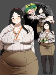  2girls antenna_hair belle_song_(thewma) black_eyes black_hair black_jacket black_nails black_shoes black_thighhighs blush borrowed_character breasts brown_skirt closed_eyes collarbone commentary cowboy_shot cup disposable_coffee_cup disposable_cup drooling english_commentary fat full_body green_hair grey_background hand_up head_tilt high_heels highres holding holding_tray id_card jacket jewelry jitome lanyard large_breasts long_hair long_sleeves looking_at_viewer mole mole_under_eye mouth_drool multicolored_hair multiple_girls multiple_rings narrowed_eyes office_lady one_eye_closed original parted_bangs pigeon-toed pink_sweater_vest ribbed_sweater ring rochi_(roach_(rrrroch1)) roots_(hair) sanpaku sharp_teeth shoes short_hair simple_background size_difference skirt sleeves_past_wrists standing suit_jacket sweater sweater_vest teeth thewma thigh-highs tray two-tone_hair white_sweater 