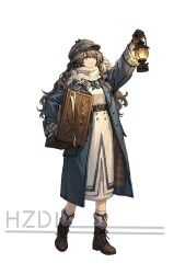  1girl absurdres ankle_boots arm_up belt blue_coat blue_eyes blue_neckerchief boots brown_boots brown_gloves brown_hair carrying carrying_under_arm chinese_commentary coat commentary_request dress full_body gloves grey_hat hat highres holding holding_lantern holding_suitcase huazhadi lantern legs_apart long_dress long_hair looking_up marcus_(reverse:1999) neckerchief newsboy_cap reverse:1999 scarf socks solo standing suitcase watermark white_background white_dress white_scarf 