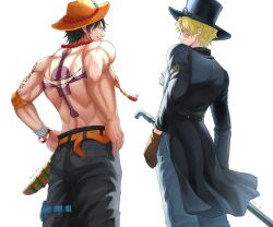  2boys absurdres back_tattoo bead_necklace beads black_coat black_hair black_hat black_shorts blonde_hair blue_pants bracelet brown_gloves closed_mouth coat commentary_request cowboy_shot from_behind gloves goggles goggles_on_headwear hands_on_own_hips hat highres holding holding_lead_pipe jewelry jolly_roger kuni_929 lead_pipe looking_at_another male_focus multiple_boys necklace one_piece orange_hat pants portgas_d._ace sabo_(one_piece) scar scar_across_eye scar_on_face short_hair shorts tattoo topless_male white_background whitebeard_pirates_jolly_roger 