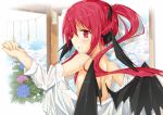  alternate_hairstyle artist_request back bare_back bare_shoulders bat_wings breasts bust dress_shirt fang flower from_behind hair_over_breasts hair_ribbon head_wings highres kitsune_(scaz) koakuma long_hair off_shoulder payot ponytail rain red_eyes red_hair ribbon shirt sideboob solo the_embodiment_of_scarlet_devil touhou twintails undressing wet wet_clothes wings 