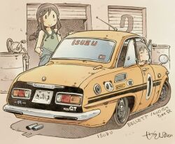  2girls blue_jacket blue_pants braid brown_hair car closed_eyes closed_mouth clothes_around_waist commentary garage green_tank_top isuzu_bellett isuzu_motors jacket jacket_around_waist long_hair low-braided_long_hair low-tied_long_hair mima_nonoka momose_riko motor_vehicle multiple_girls open_mouth pants race_vehicle racecar radio_antenna sekihan short_hair signature smile tank_top through_window vehicle_name yellow_car zesshaka!_shiritsu_yotsuwa_joshi_gakuin_zetsumetsu_kigu-sha_gakka 