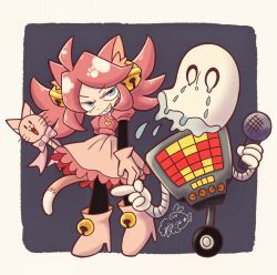  1boy 1girl 1other absurdres ahoge animal_ears bell_ear_ornament blue_eyes border cat_ears cat_girl cat_tail commentary_request cousins crying ghost heart_locket highres holding holding_microphone holding_wand mad_mew_mew magical_girl mettaton mettaton_(box) microphone napstablook pink_frills pink_hair signature smug tail undertale utdr_(toby_fox) wand wheel white_border yumekui_mk 