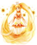  bad_id blonde_hair cure_sunshine dress floral_background flower hair_ribbon heart heartcatch_precure! kurone_roku long_hair magical_girl midriff myoudouin_itsuki navel orange_(color) orange_dress potpourri_(heartcatch_precure!) potpourri_(precure) precure ribbon skirt sunflower twintails very_long_hair white_background yellow_eyes 