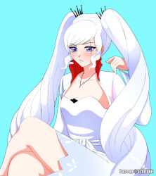  1girl alternate_hairstyle aqua_background blue_eyes blush clip_studio_paint_(medium) closed_mouth collarbone commentary crossed_legs dress english_commentary eyelashes highres jewelry long_hair long_sleeves necklace patreon_username rwby scar scar_across_eye scar_on_face schrwby simple_background sitting solo twintails very_long_hair weiss_schnee white_dress white_hair 