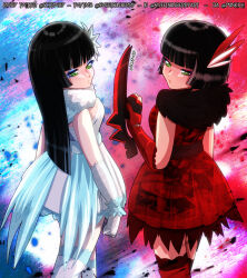 2girls arm_blade black_hair blue_eyeshadow blunt_bangs breasts closed_mouth commentary deviantart_username dress elbow_gloves english_commentary expressionless eyelashes eyeshadow gloves green_eyes hair_ornament instagram_username long_hair looking_back makeup melanie_malachite miltiades_malachite multiple_girls red_dress red_eyeshadow red_thighhighs rwby schrwby short_hair siblings sisters sleeveless sleeveless_dress thigh-highs tumblr_username twins twitter_username weapon white_dress white_gloves white_thighhighs 